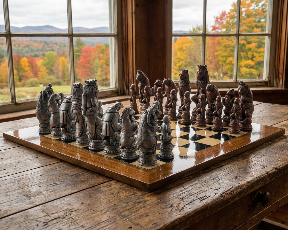 Détail du côté noir du Jeu d'Échecs Reynard le Renard Grand Luxe avec des pièces raffinées