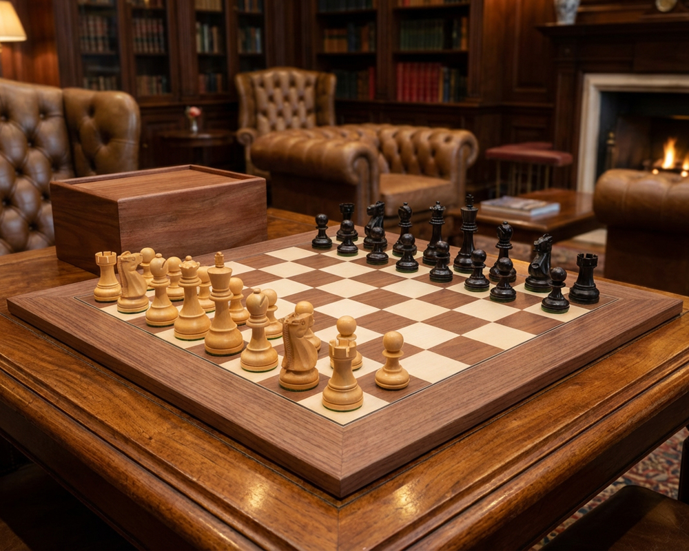 Jeu d'échecs Levisham noir et noyer sur une table en bois dans une ambiance chaleureuse