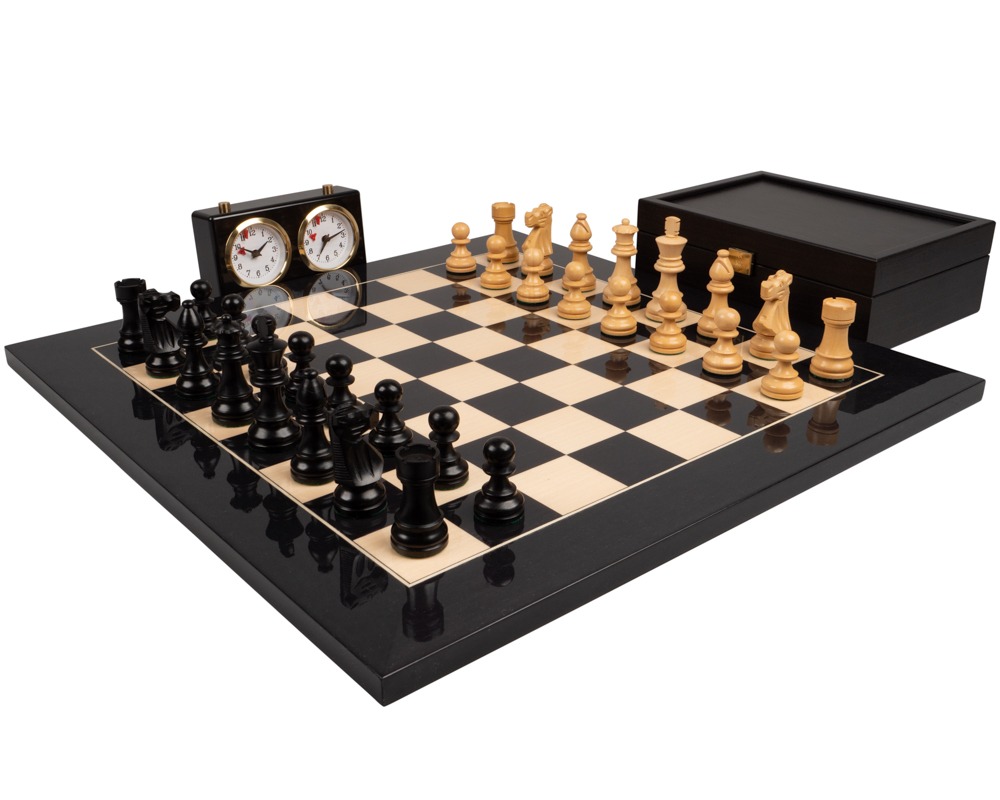 Jeu d'échecs Staunton Luxe Noir Complet avec horloges - Le Palais Des Echecs