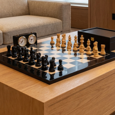 Jeu d'échecs en bois sur table moderne avec horloges visibles - Le Palais Des Echecs