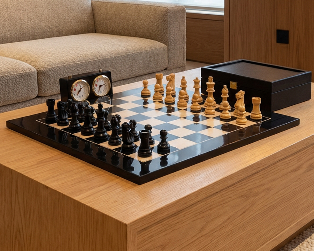 Jeu d'échecs en bois sur table moderne avec horloges visibles - Le Palais Des Echecs