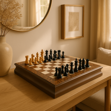 Jeu d'échecs Kingsclere ébène et noyer joliment présenté sur une table