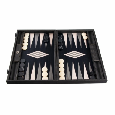 Plateau de backgammon artisanal Vavona gris nacré ouvert, prêt à jouer - Le Palais Des Echecs