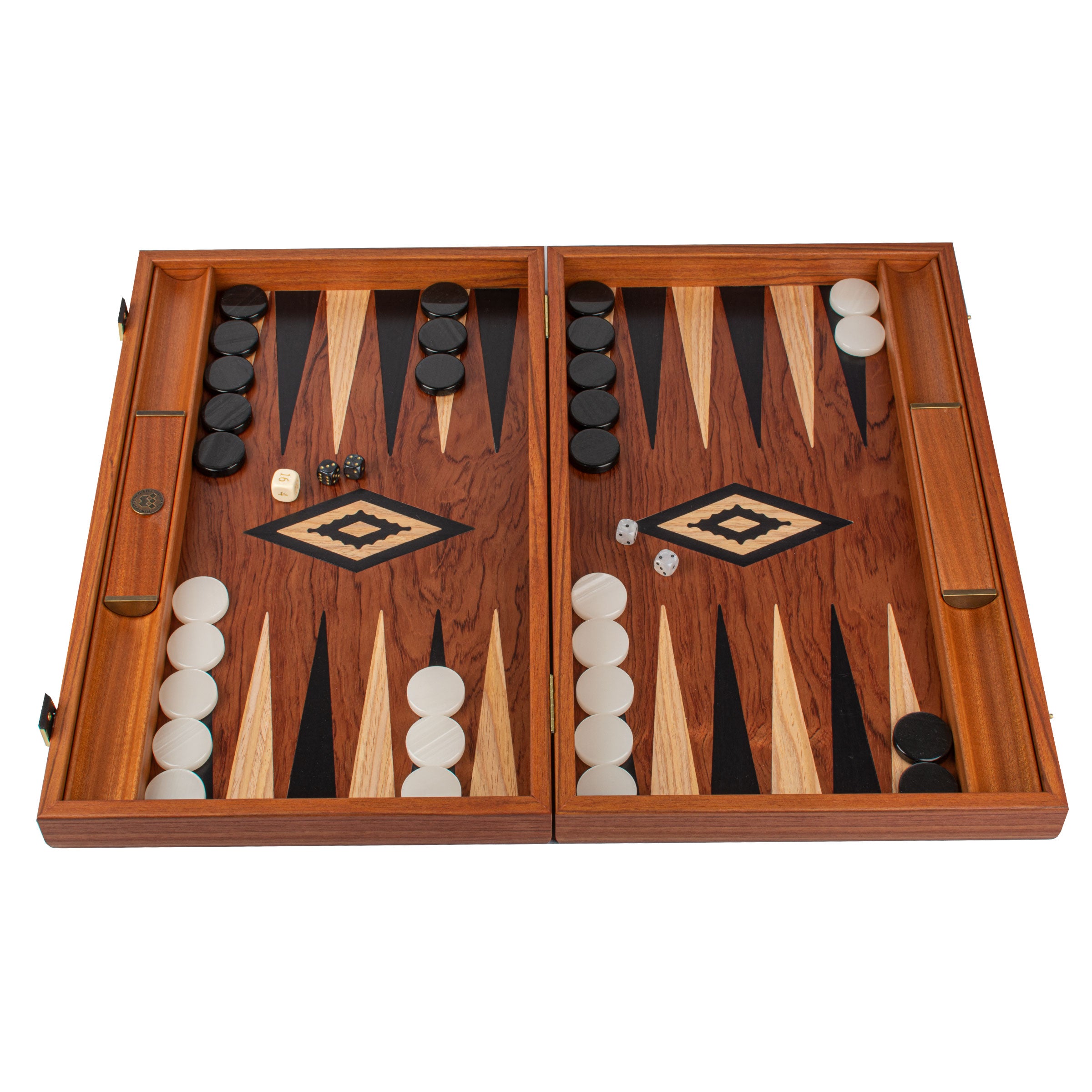 Plateau de backgammon luxe en noyer de Californie avec pions disposés - Le Palais Des Echecs