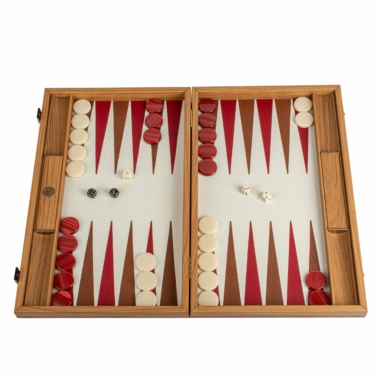 Ensemble Backgammon Similicuir Beige Champagne vu de dessus avec pions et dés - Le Palais Des Echecs