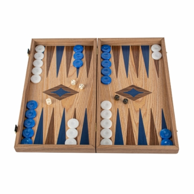 Ensemble Backgammon Bois Massif avec pièces bleues et blanches - Le Palais Des Echecs