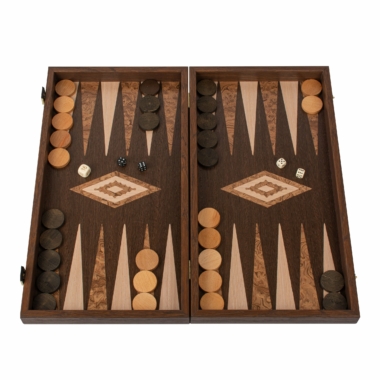 Jeu de backgammon Wengé et Loupe de Noyer avec pions et dés en vue de dessus - Le Palais Des Echecs