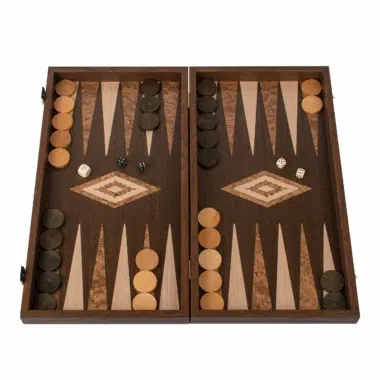 Jeu de backgammon Wengé et Loupe de Noyer avec pions et dés en vue de dessus - Le Palais Des Echecs