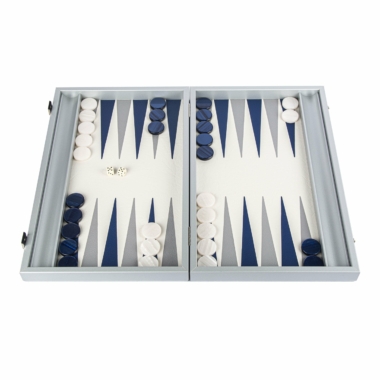 Plateau de jeu Backgammon bleu marine et beige ouvert avec pions en simili cuir - Le Palais Des Echecs