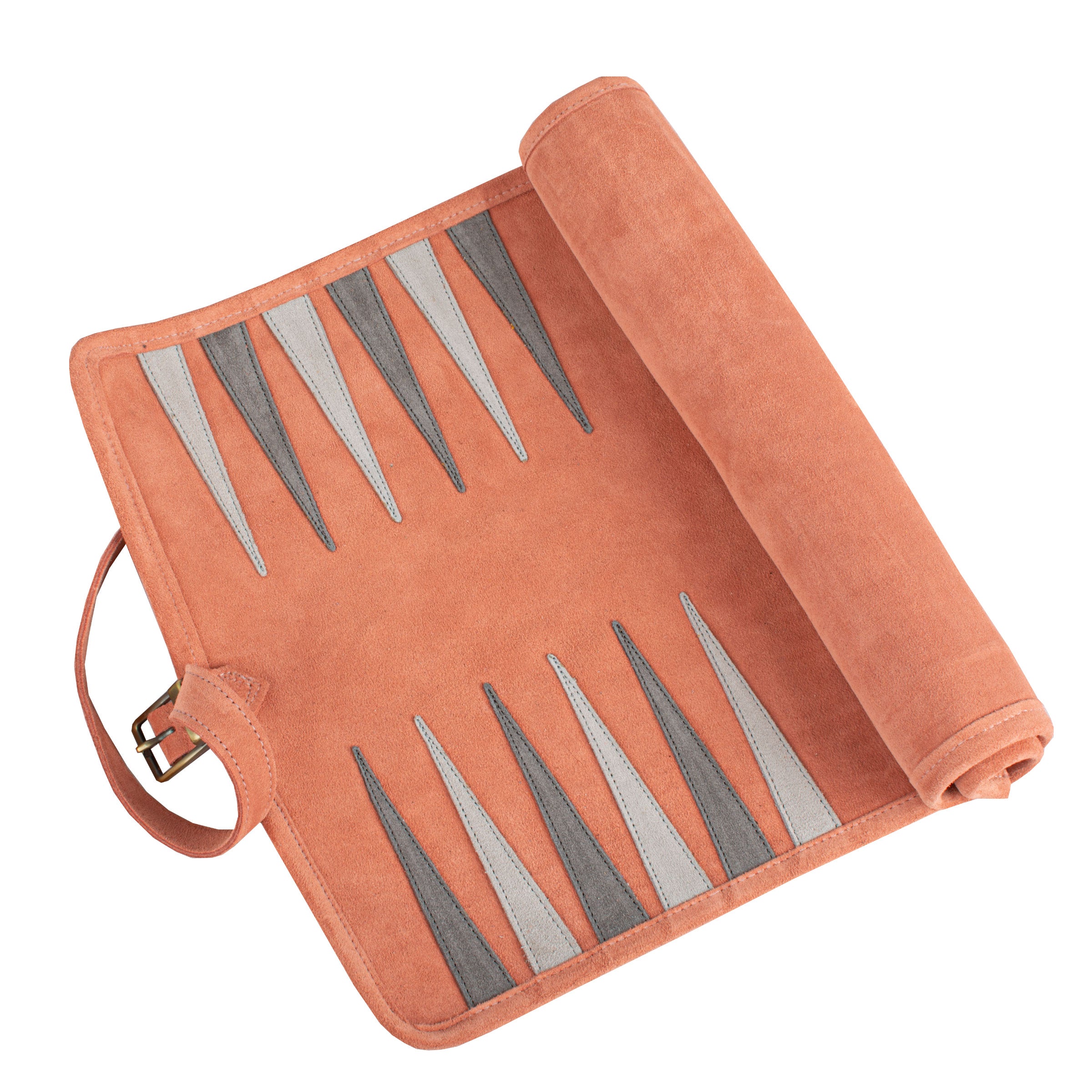 Ensemble de Backgammon enroulable en daim saumon vu de dessus - Le Palais Des Echecs