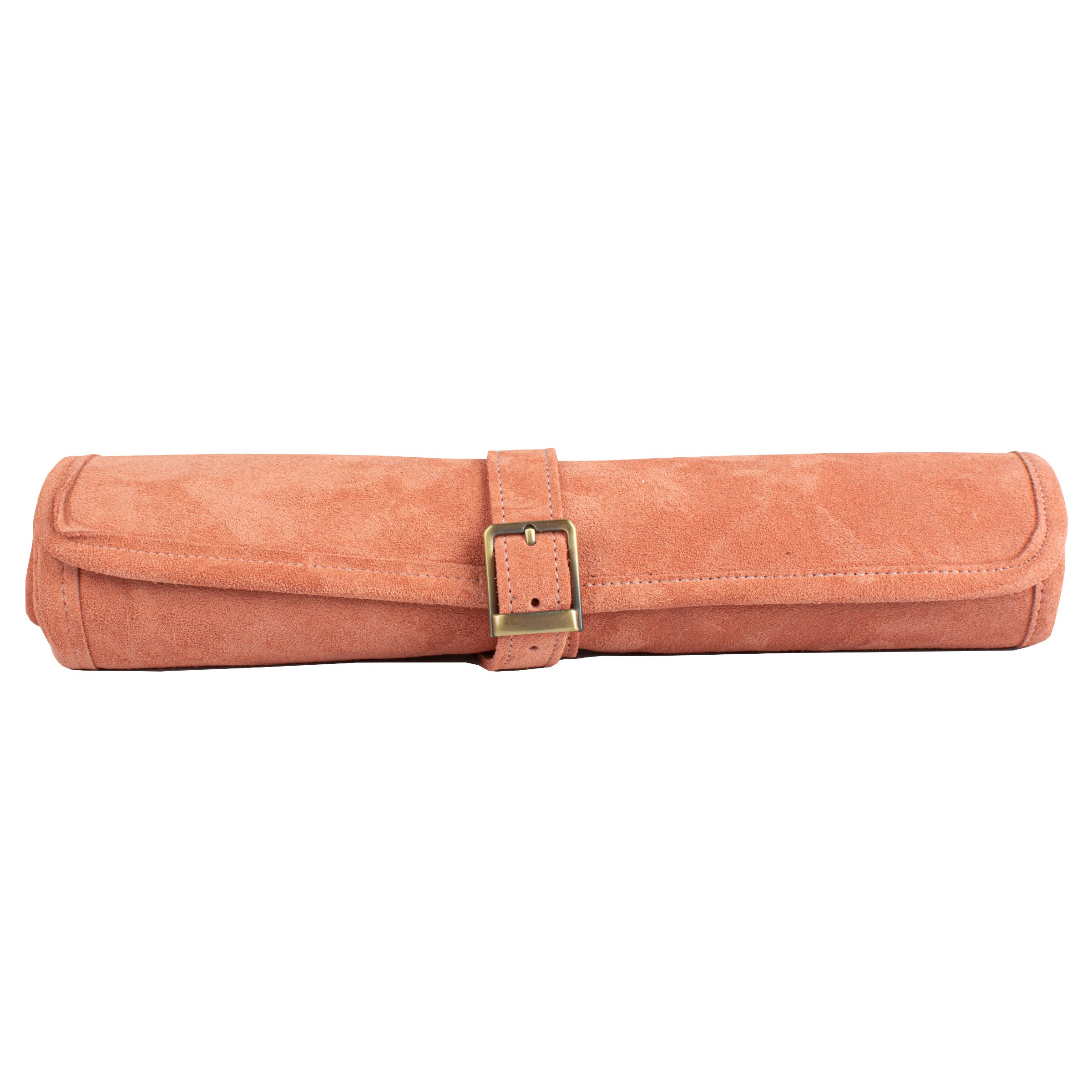 Ensemble de Backgammon enroulable en daim saumon, version fermée avec boucle en cuir