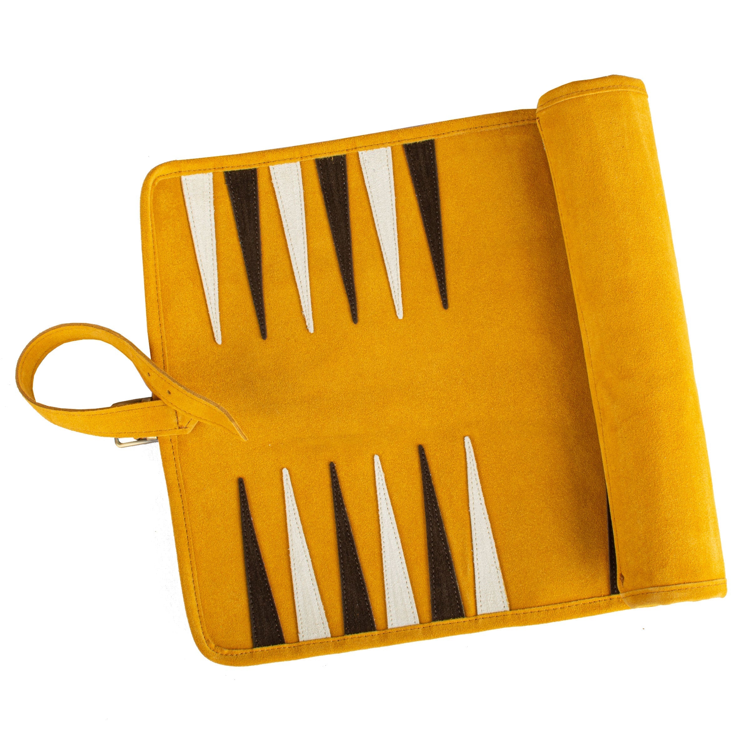 Tapis de backgammon en daim jaune ouvert avec pions - Le Palais Des Echecs