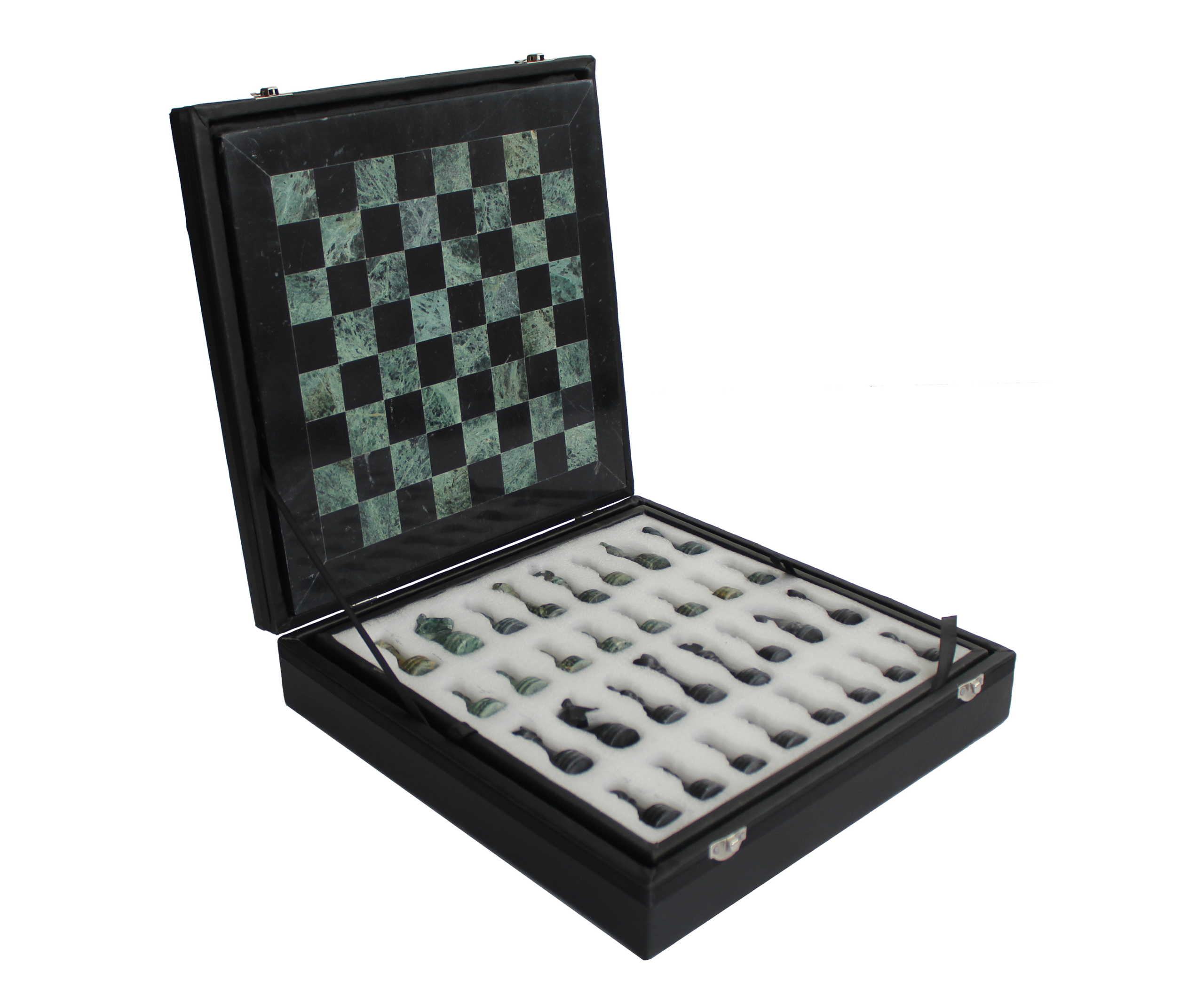 Jeu d’échecs en marbre noir et vert de 30 cm avec coffret