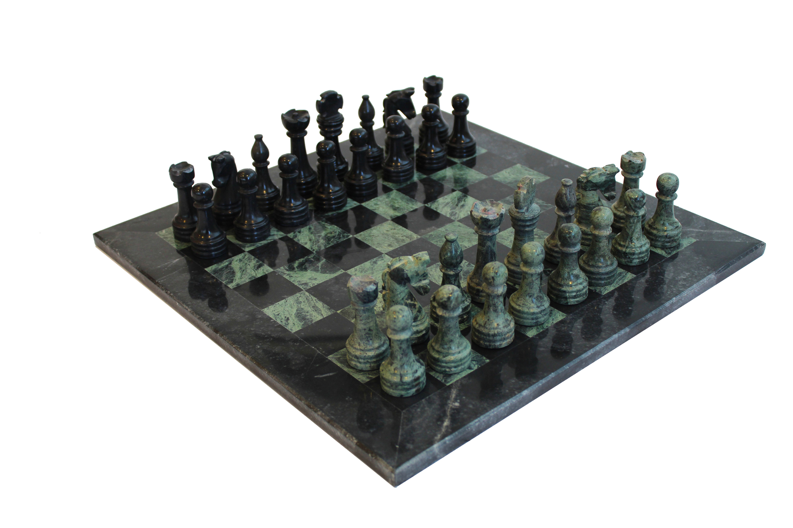 Jeu d’échecs en marbre noir et vert de 30 cm avec coffret