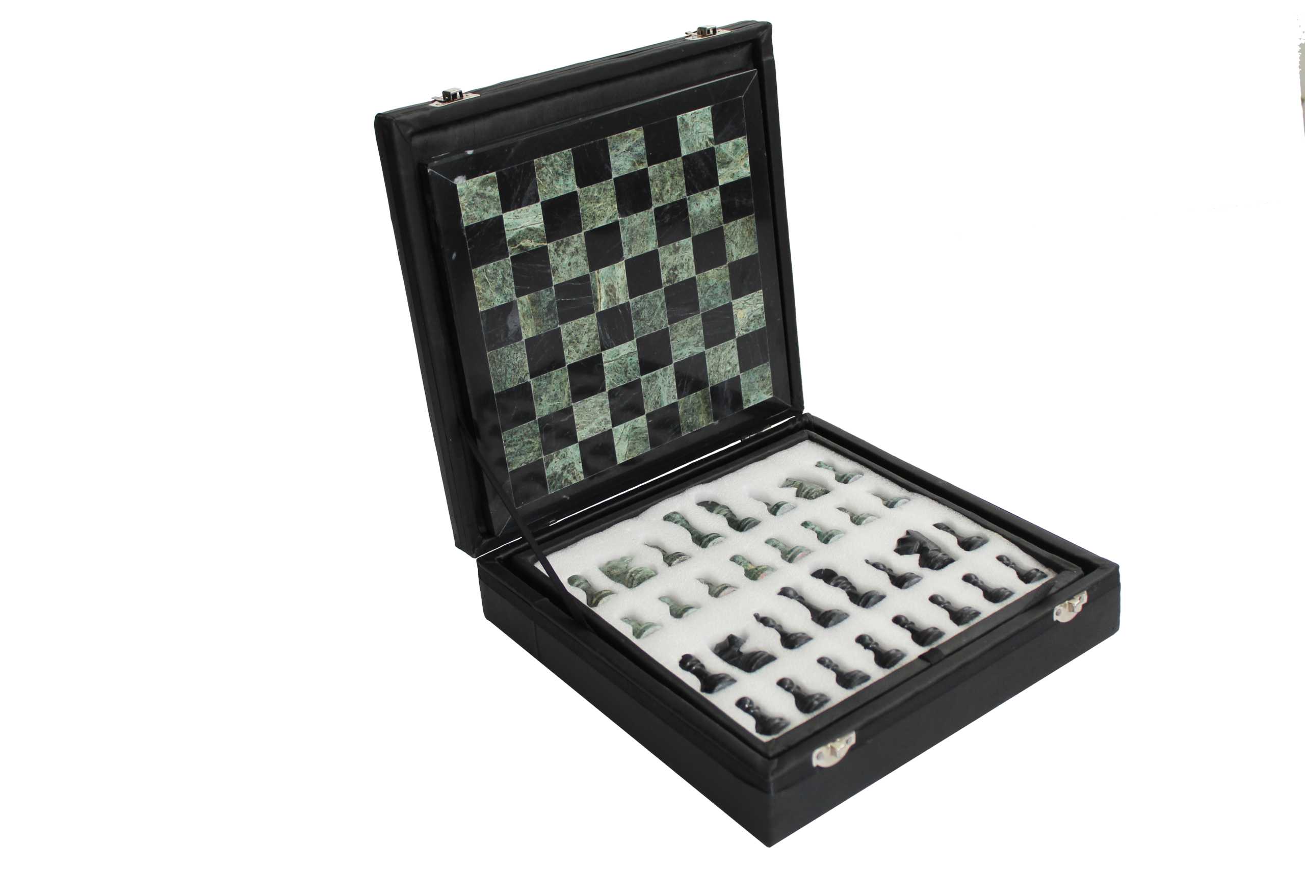 Jeu d’échecs en marbre noir et vert sur échiquier de 23 cm