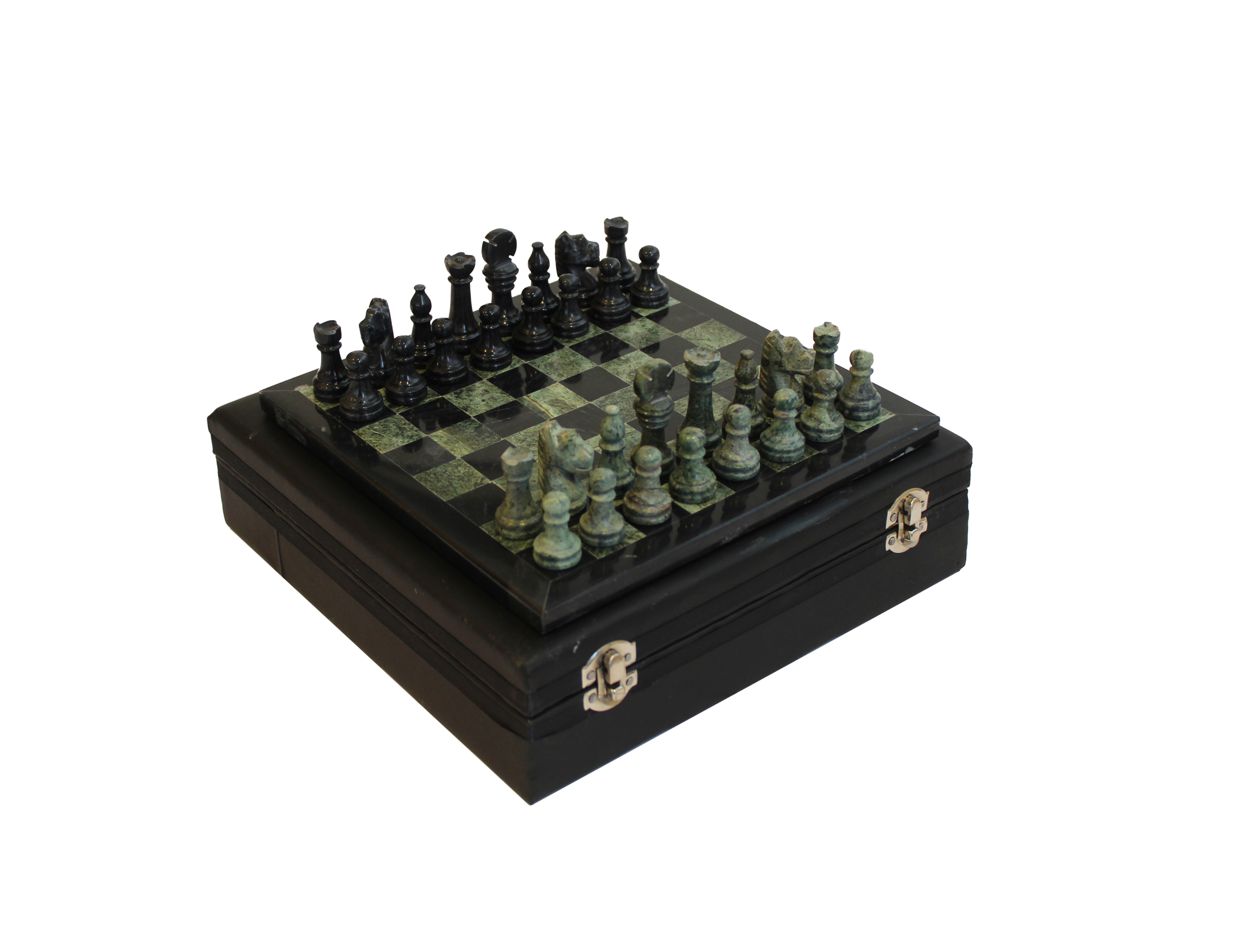 Jeu d’échecs en marbre noir et vert sur échiquier de 23 cm