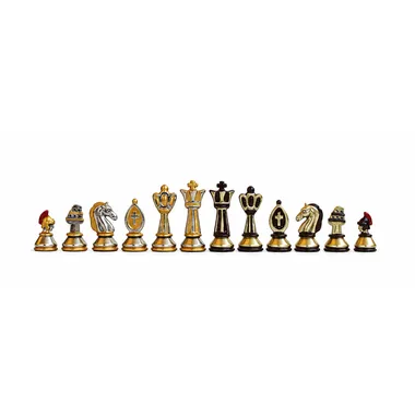 Ensemble des 32 pièces d'échecs en métal peintes à la main thématique Rome Antique avec tour Colisée