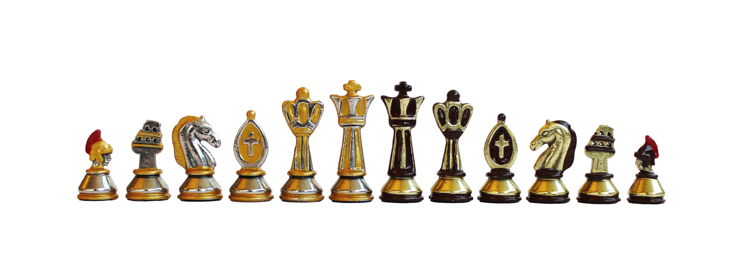 Ensemble des 32 pièces d'échecs en métal peintes à la main thématique Rome Antique avec tour Colisée