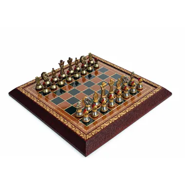 Jeu d'échecs de collection Romains en métal peint sur échiquier de luxe en cuir et verre