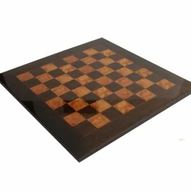 Plateau d'échiquier vide laqué brillant en érable et loupe de bruyère 51 x 51 cm