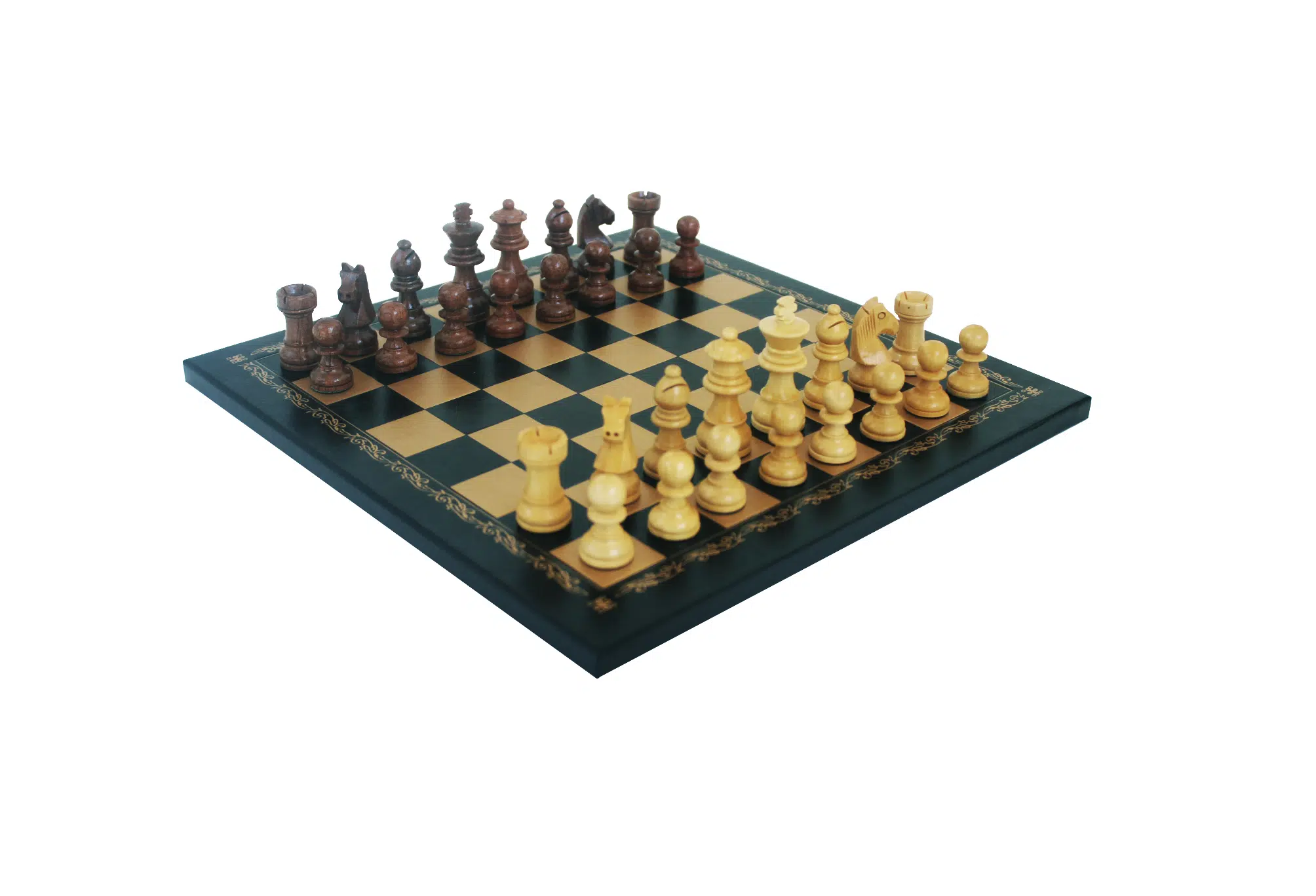 Petit Jeu d'Échecs Design : Pièces Staunton en Bois d'Acacia Lestées Roi 5 cm & Échiquier Similicuir Noir et Doré 26 x 26 cm