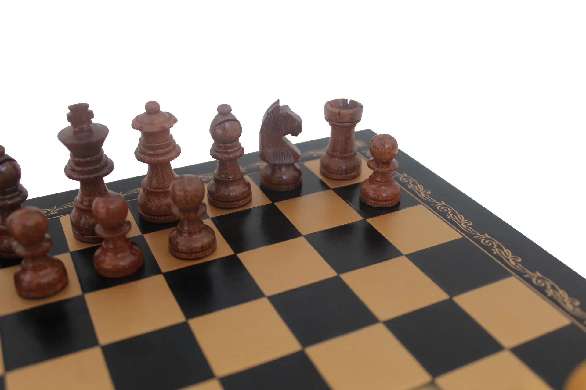 Petit Jeu d'Échecs Design : Pièces Staunton en Bois d'Acacia Lestées Roi 5 cm & Échiquier Similicuir Noir et Doré 26 x 26 cm