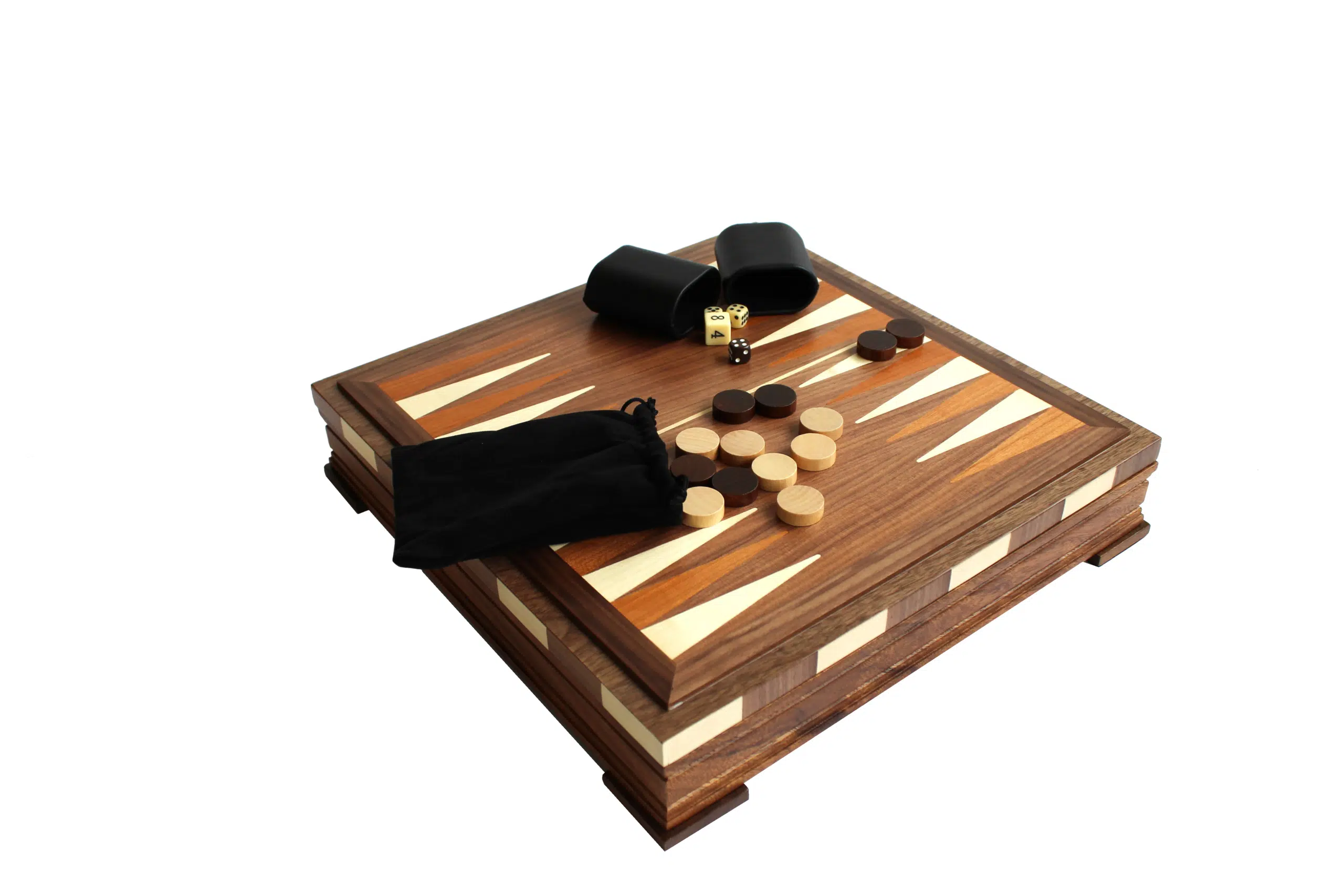 Jeu de Backgammon complet en bois avec palets dés et gobelets en cuir