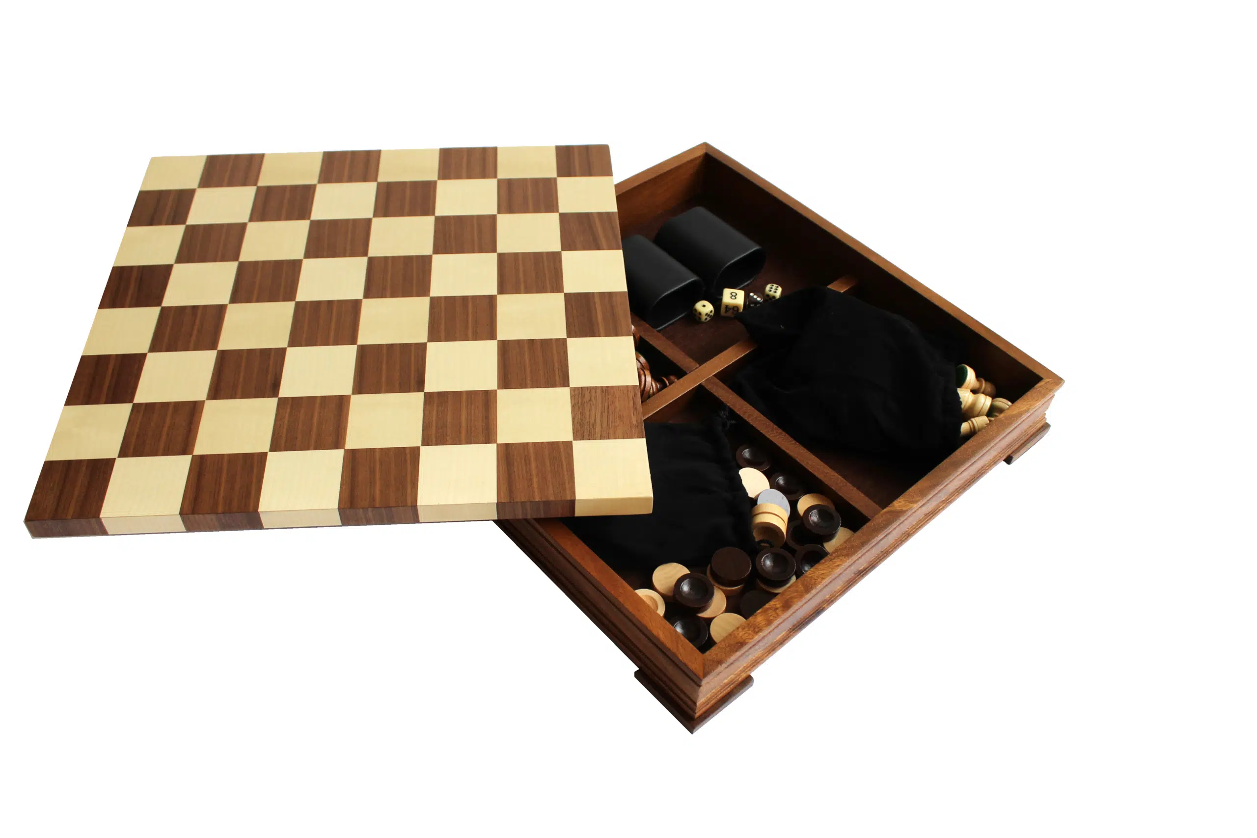 Rangement intérieur compartimenté avec pièces et accessoires échecs et backgammon