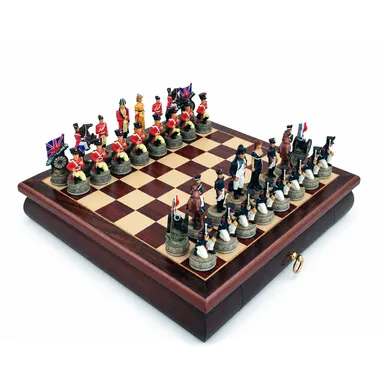 Ensemble Jeu d'Echec Historique Bataille de Waterloo et Echiquier en Bois de Rose avec Rangement