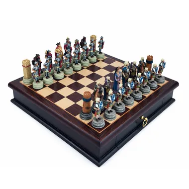Jeu d'échecs thématique Romains contre Arabes complet sur échiquier coffret en palissandre 32cm