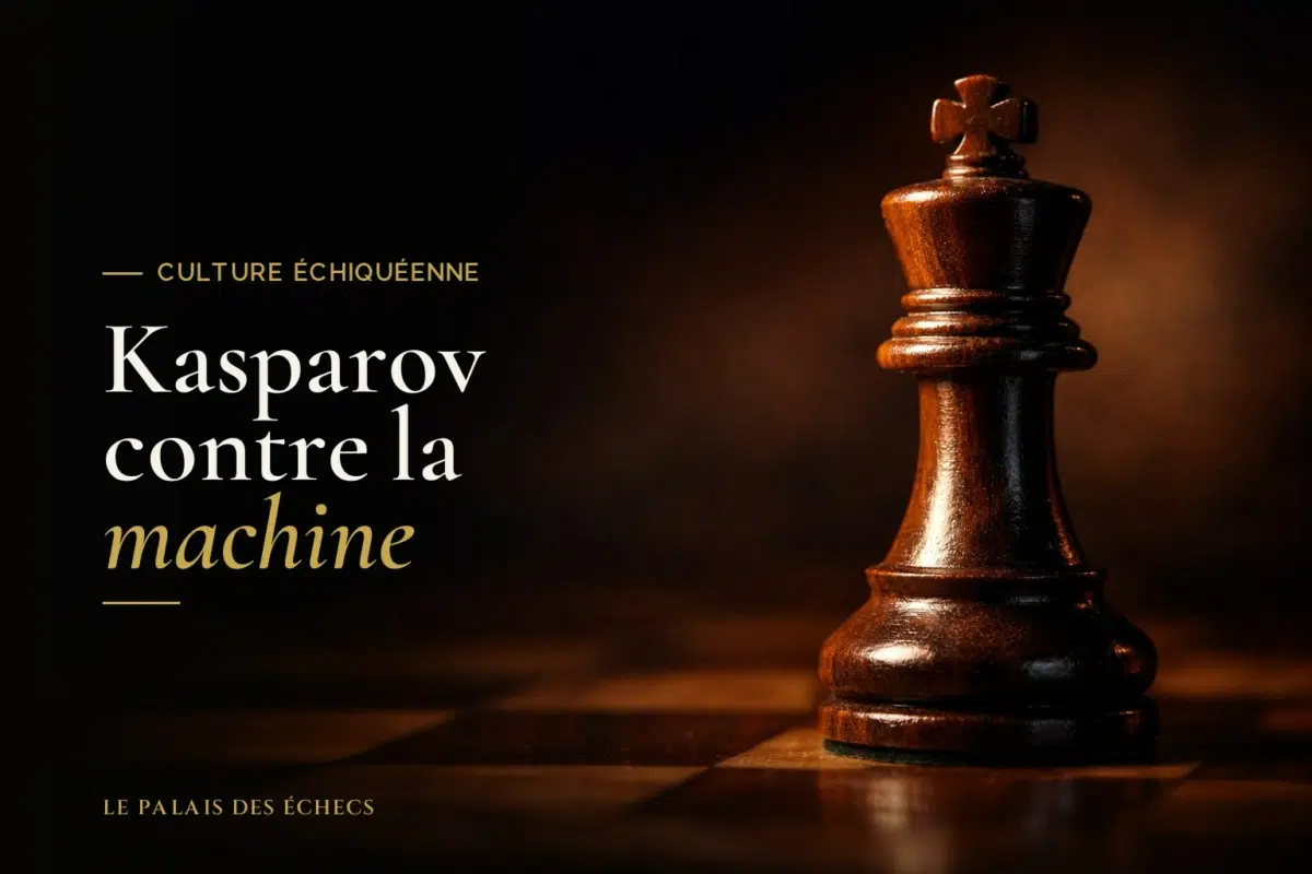 Roi d'échecs en bois isolé, à moitié dans une lumière dorée, à moitié dans une ombre bleutée, symbole du duel entre l'homme et la machine
