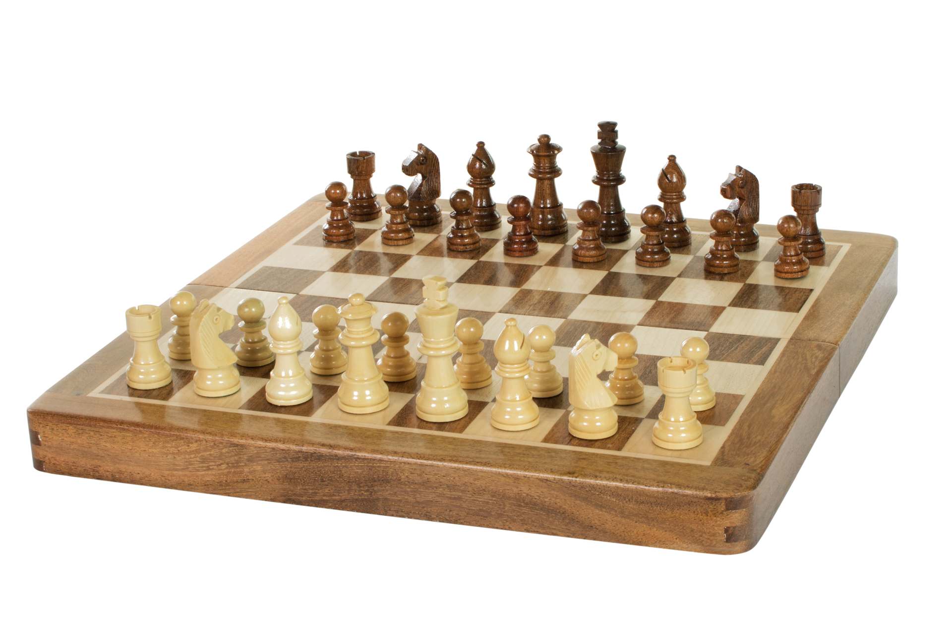Jeu d'échecs en bois avec rangée de pièces blanches et marron sur un plateau traditionnel - Le Palais Des Echecs