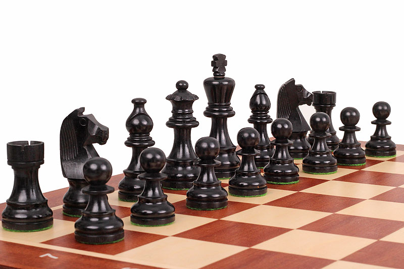 Vue rapprochée des pièces noires sur l'échiquier, illustrant la beauté du jeu d'Échecs Tournament N°5