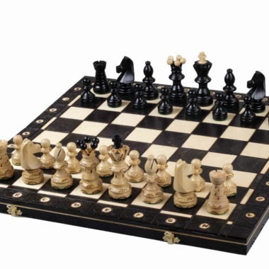 Vue d'ensemble du plateau de jeu d'échecs avec pièces en bois finement sculptées - Le Palais Des Echecs