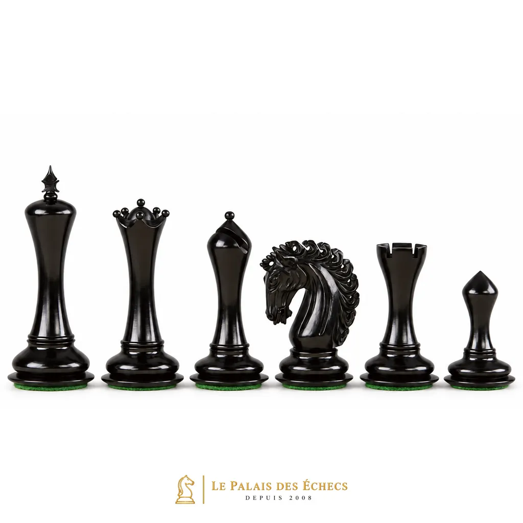 Détails élégants des pièces d'Échecs Empire Ébène 4,25" entièrement noires - Le Palais Des Echecs