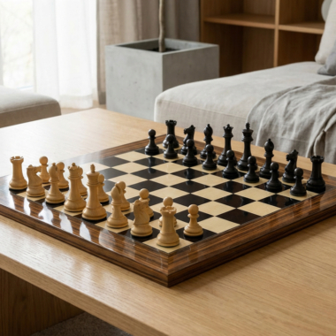 Jeu d'Échecs Sovereign Palissandre Staunton en pleine ambiance conviviale dans un salon moderne - Le Palais Des Echecs