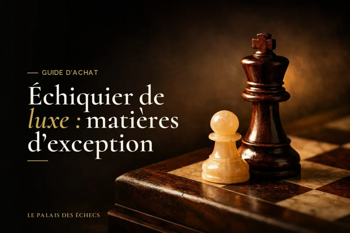 Gros plan sur un roi en bois précieux et un pion en onyx, lumière dorée, ambiance feutrée d'un échiquier de luxe.
