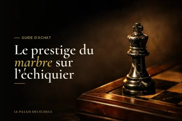 Pièce d'échecs en marbre blanc éclairée d'une lumière dorée, en gros plan sur un échiquier sombre.
