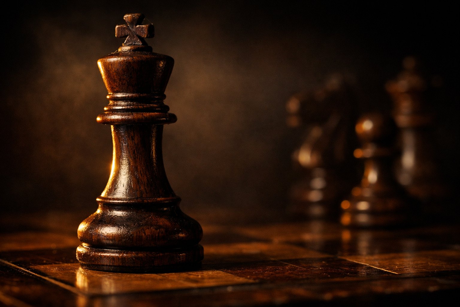 Roi en bois sombre éclairé par une lumière dorée tamisée, évoquant la légende de la Mort jouant aux échecs