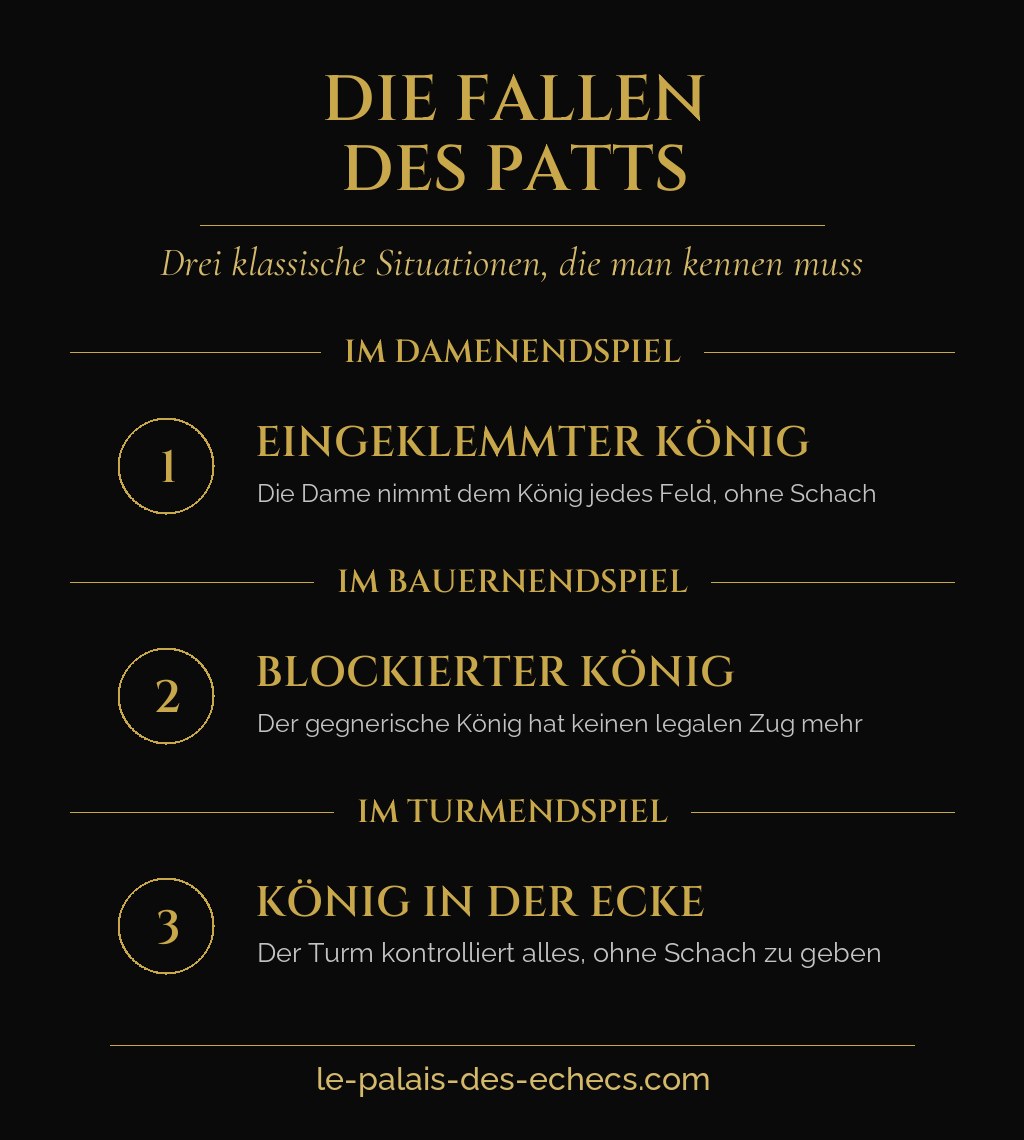 Infografik mit drei klassischen Pattstellungen im Schach: Damen-, Bauern- und Turmendspiel
