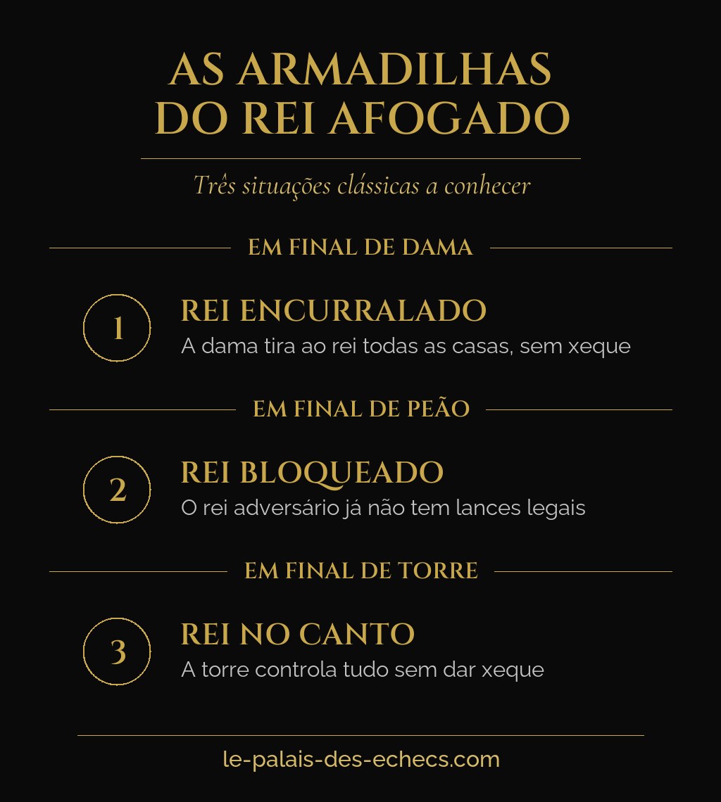 Infografia que apresenta três posições clássicas de afogamento no xadrez: final de dama, de peão e de torre
