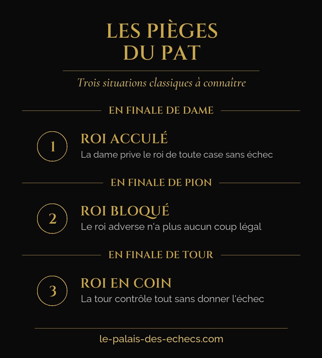 Infographie présentant trois positions classiques de pat aux échecs : finale de dame, de pion et de tour